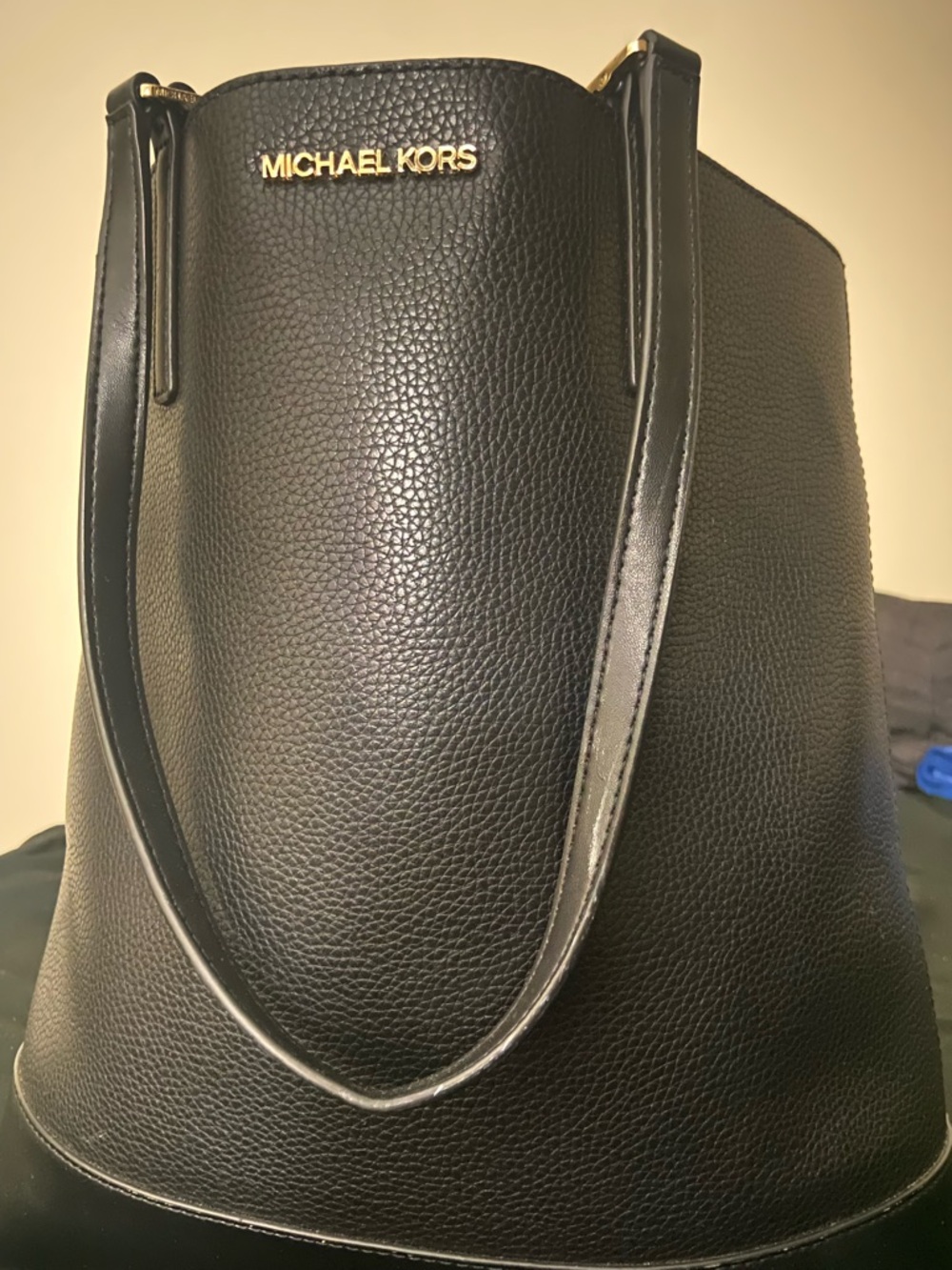 Michael Kors Black Pebbled Leather Shoulder Tote with Gold Logo